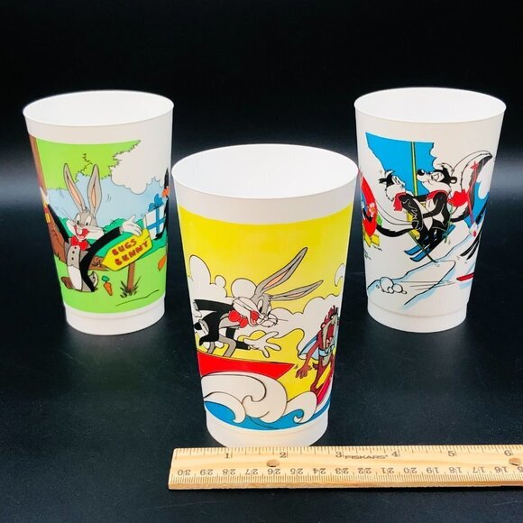 1990 Looney Tunes Plastic Tumblers Set of 3 Vintage McDonald's Coca Cola Cups - Picture 10 of 11